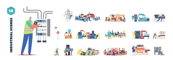 Obraz premium Industry Set. Sector Of Economic Activity Involving The Production Of Goods And Services, Using Various Processes