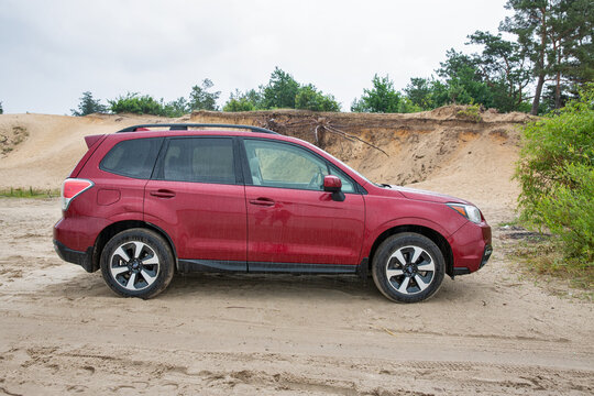 SUV Subaru Forester in a sand pit. Varash, Ukraine.