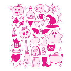 Bright pink elements for Halloween design stickerpack. Pumpkin, Skull, Ghost, Gravestone, Spider, Candy, Broom, Hat, Eye, Potion, Bone, and more. Halloween labels, icons and objects. Happy holiday.