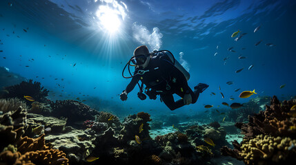 Illustration of a man scuba diving in deep blue sea. 