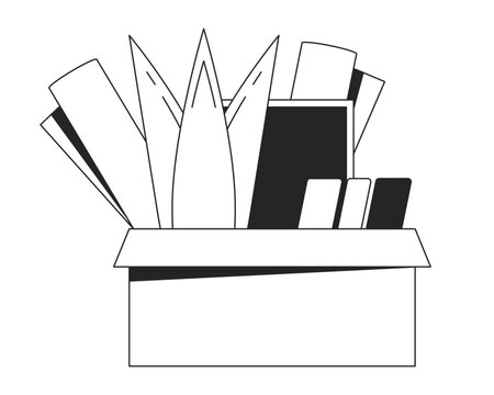 Fired box flat monochrome isolated vector object. You are fired. Belongings in box. Dismissal day. Editable black and white line art drawing. Simple outline spot illustration for web graphic design