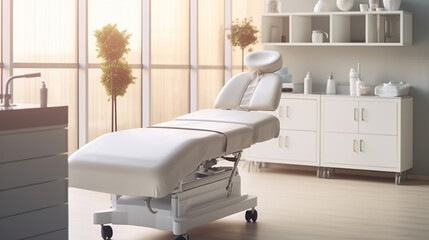 Cosmetologist's empty office with care cosmetics and massage table in a modern beauty salon. Medical cabinet interior. Modernized cosmetic center for health care. Generative AI