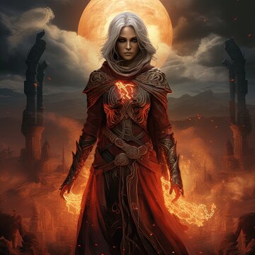 A portrait of a white teenage female wizard in armor within a moonlit fantasy world