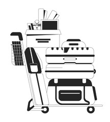 Luggage cart with stack of belongings flat monochrome isolated vector object. Moving, relocation. Editable black and white line art drawing. Simple outline spot illustration for web graphic design