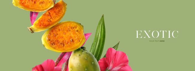 Creative concept of prickly pear on the green background.  Exotic fruits and leaves. Food concept.