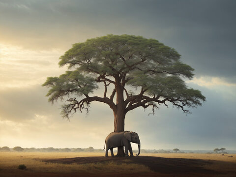 Isolated Elephant Resting Atop a Tree: A Captivating Display of Solitude