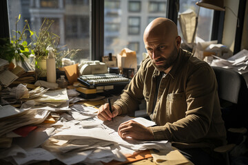 bald man at his house stressed by paperwork