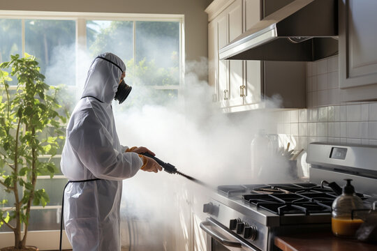 Person fumigating a kitchen to destroy cockroaches and other insects
