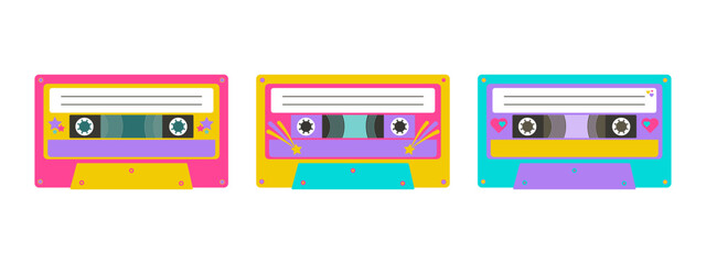 Obraz premium Set of bright audio cassettes 90s style. Back to 90s. Cassette with Retro Vintage magnetic tape. Hits of nineties. Nostalgia for 1990s, 2000s. Neon colors. Vector illustration