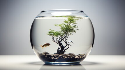  a fish in a bowl with rocks and plants in it.  generative ai