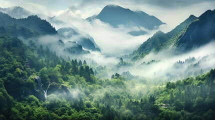 Naklejka premium a painting of a mountain landscape with fog and low lying clouds. generative ai