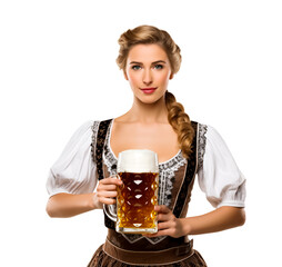 Beautiful German girl wearing a dirndl dress, and holding a large mug of golden beer with white foam. October fest or bier fest theme. Isolated on white background with copy space.