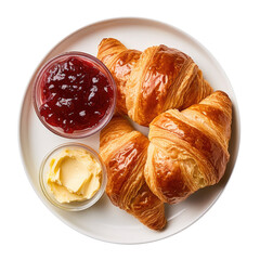Delicious Plate of Croissants with Butter and Jam Isolated on a Transparent Background - obrazy, fototapety, plakaty