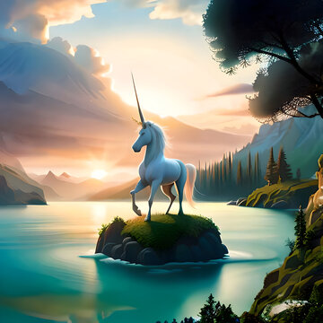 Discover the enchanting beauty of a majestic unicorn amidst a serene river setting captured through the lens of a skilled stock photographer. Our captivating collection showcases the ethereal charm of