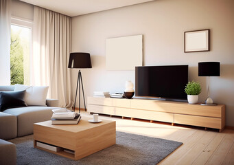 Cozy room interior with mockup frame, decor elements and TV set