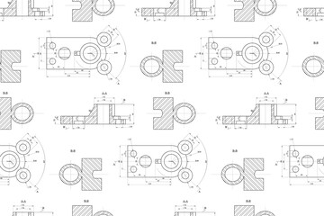Engineering drawing.  Mechanics blueprints. Vector technology seamless pattern.