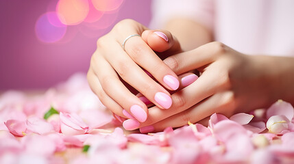 Fototapeta premium Manicure, Female nails with beautiful french manicure. soft skin, beautiful nails with pink rose flowers petals. Generative AI