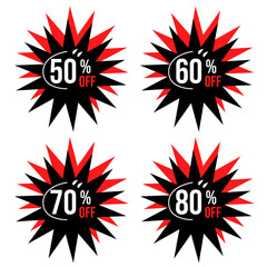 50%, 60%, 70% and 80% off. Set of tag discounts. Banner with four black and red stars with special offers vector.