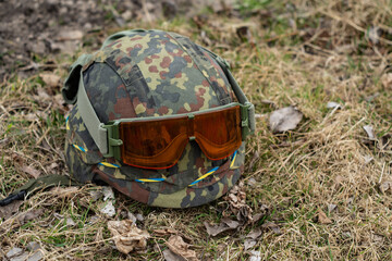 A military helmet with goggles. Russian-Ukrainian war