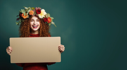Happy Hippy Flower Child Woman Holding a Blank Sign  with Space for Copy	