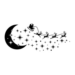 Moon and Stars, Flying Santa, Christmas, Hand Drawn Vector Illustration