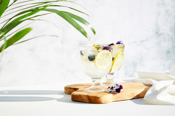 Iced soda with lemon and edible flowers under palm leaves on a bright sunny day. Summer cold...