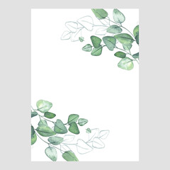 Eucalyptus frame. Branches of greenery. Rustic style. Vertical format. Watercolor illustration for design greeting cards, invitations, save the date.