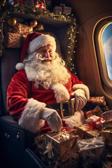 Generative AI illustration of Santa Claus flying in a private jet surrounded by gifts