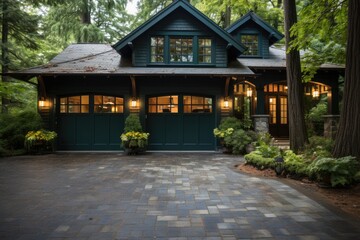 Fototapeta premium Green garage door with a driveway in front.