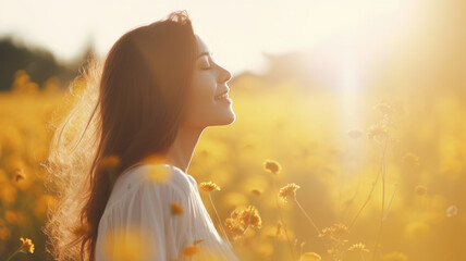 young woman in a field of yellow flowers - 632280095