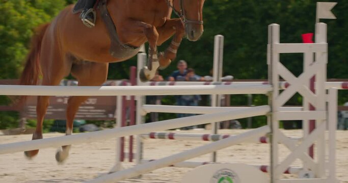 Competitive man rider on horse jumping over obstacles, slow motion, equestrian competition outdoors. Training jumping hurdle