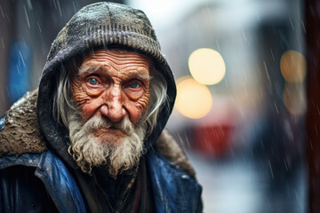 portrait of homeless vagabond in the rain. tough life - obrazy, fototapety, plakaty