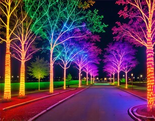 A beautifully illuminated street with vibrant lights and lined with majestic trees
