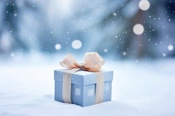 Christmas Gift Box on Snow, One Xmas Gift in Snowflakes, Generative AI Illustration