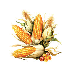 Watercolor corn autumn still life for decoration Rustic illustration on white backdrop. Organic food. Fresh healthy food.