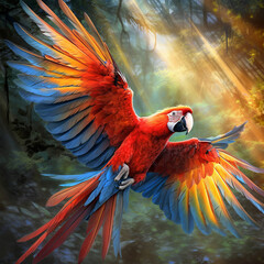A vibrant parrot in flight
