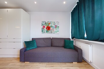 Salon w nowym apartamencie z szara sofą zielonym zasłonami i telewizorem