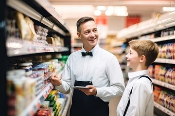 Fototapeta premium Store Managers, Young Worker Training in Supermarket, Intern in Food Shop, Generative AI Illustration