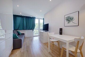 Salon w nowym apartamencie z szara sofą zielonym zasłonami i telewizorem © arteffect.pl
