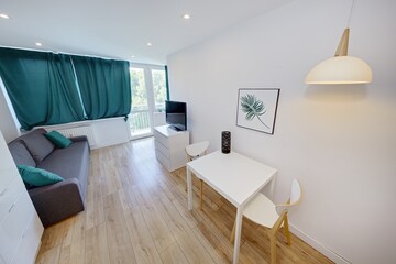 Salon w nowym apartamencie z szara sofą zielonym zasłonami i telewizorem