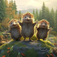 Three adorable hedgehogs perched on a rocky surface