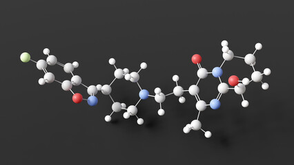 paliperidone molecule, molecular structure, atypical antipsychotic, ball and stick 3d model, structural chemical formula with colored atoms