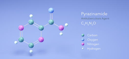 pyrazinamide molecule, molecular structures, antituberculosis agent, 3d model, Structural Chemical Formula and Atoms with Color Coding
