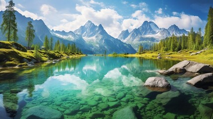  a painting of a mountain lake surrounded by green grass and trees.  generative ai