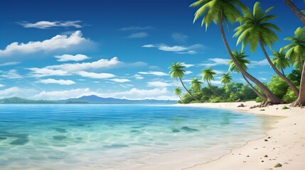 Fototapeta na wymiar a painting of a tropical beach with palm trees and clear blue water. generative ai
