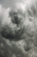 Background of dark clouds before on thunder storm. Banner. Beautiful nature backdrop.