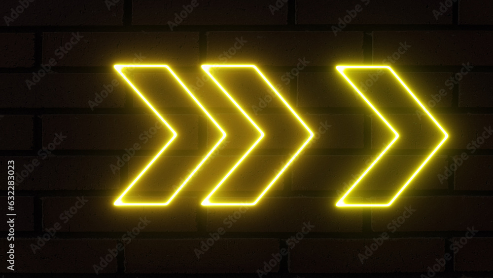 Poster glowing directional arrow neon sign. set of bright yellow neon light arrows pointing to the right. f