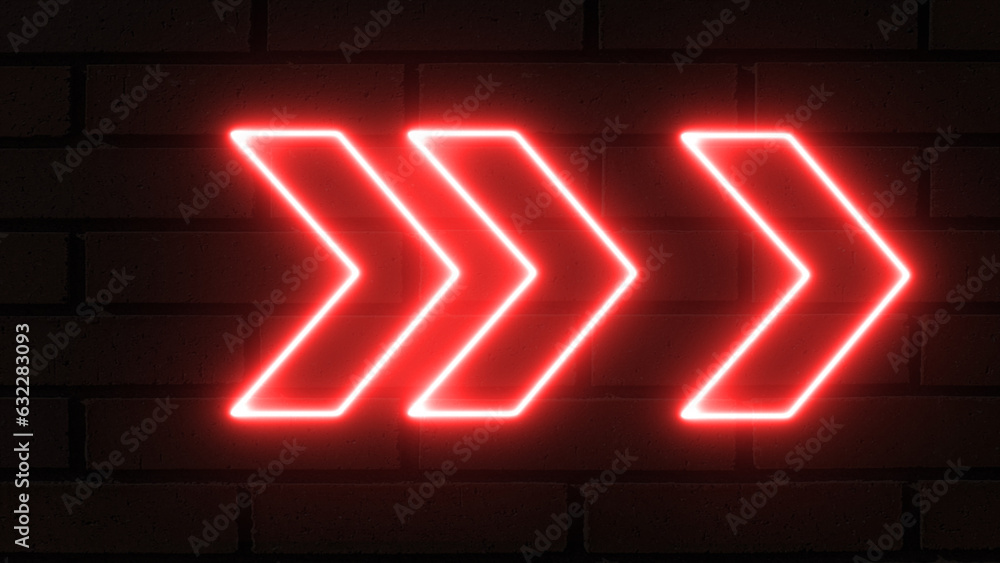 Poster glowing directional arrow neon sign. set of bright red neon light arrows pointing to the right. flas