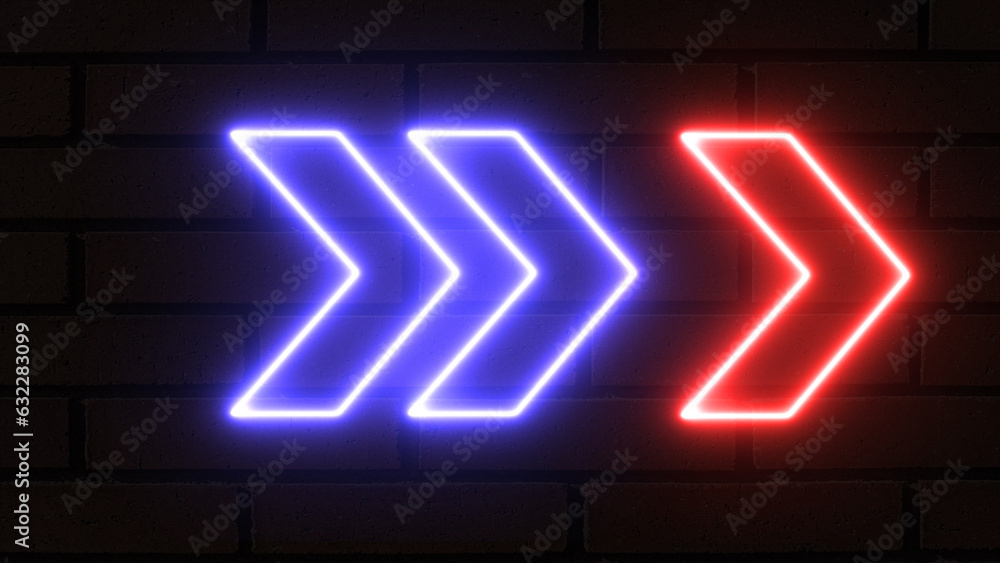 Poster glowing directional right arrow neon sign. set of bright neon light arrows pointing to the right. fl