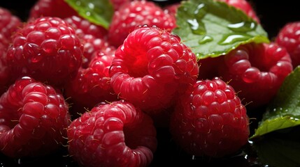 a close up of a bunch of raspberries with leaves.  generative ai